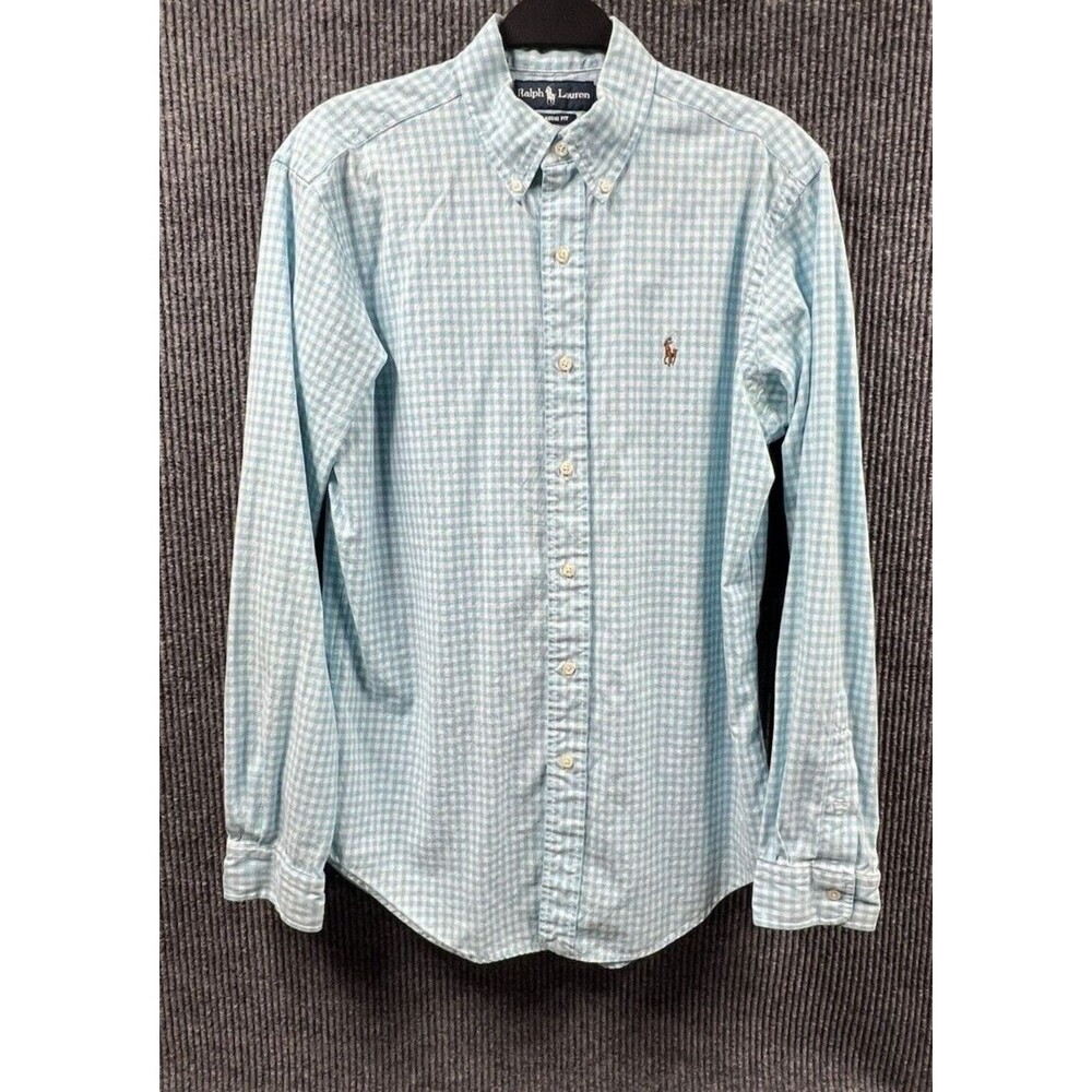 VTG Ralph Lauren Shirt Mens Medium Classic Fit Blue Plaid Cotton Brown Pony